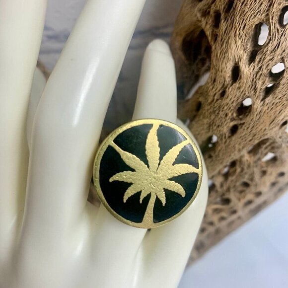 Vintage Brass Black Enamel WEED Ring - Picture 2 of 9